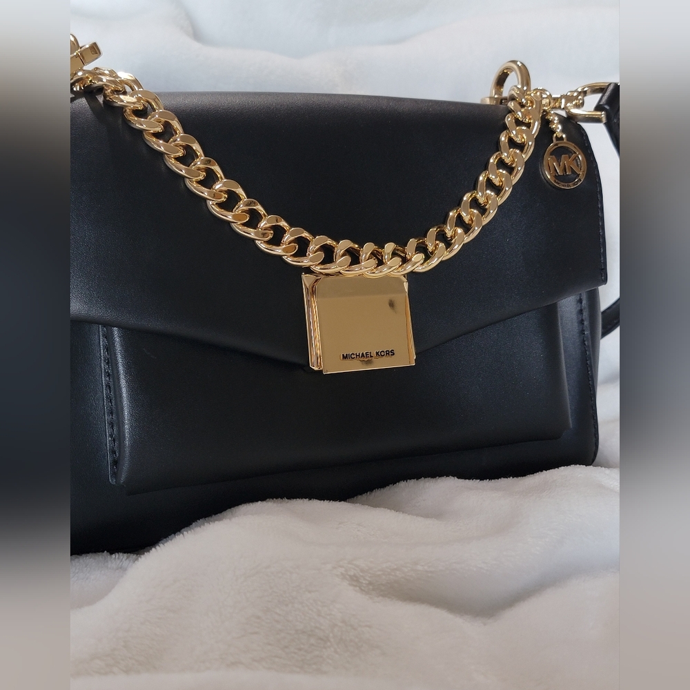 Michael Kors Lita Black Crossbody Bag with Gold Accents Like New Condition.